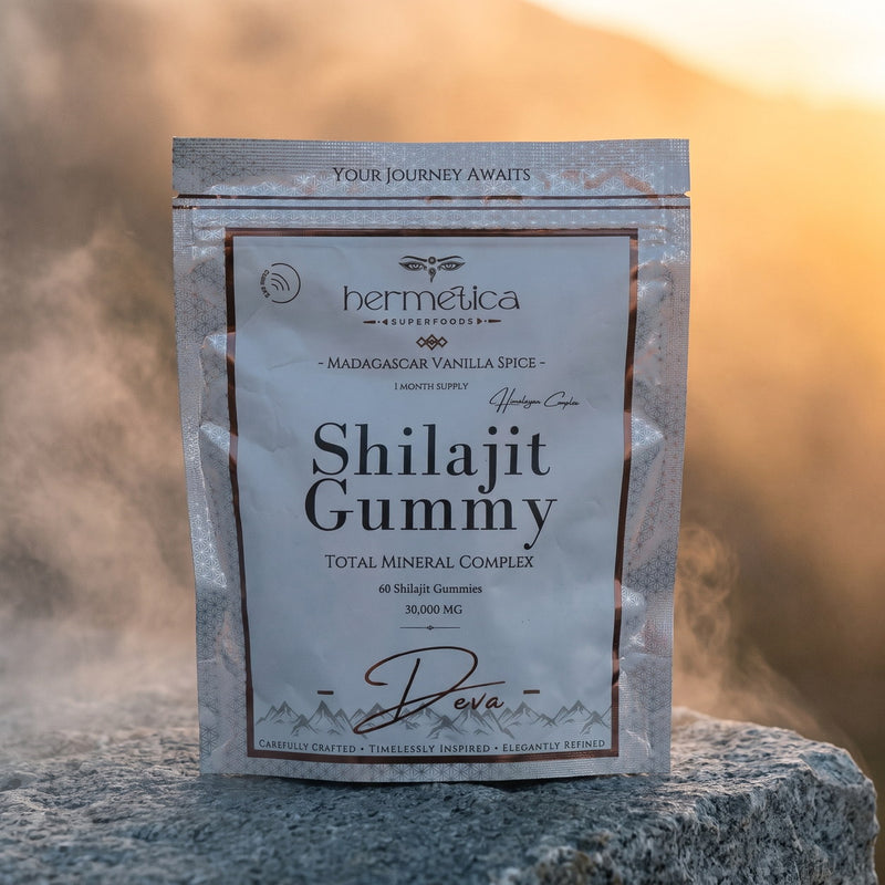 Deva Shilajit Gummies pouch on a grey stone ledge with mist and a sunrise glow