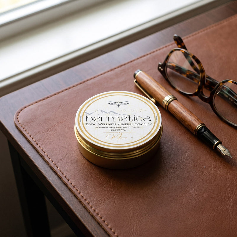 Closed gold Meru tin on a leather desk pad beside a fountain pen