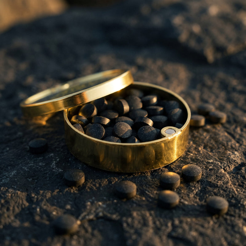 Open gold Meru tin filled with shilajit tablets on dark basalt stone