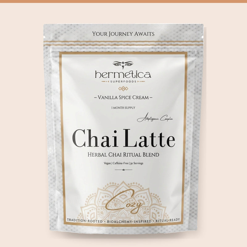 Clean package-detail panel showing the current Cozy Adaptogenic Chai pouch