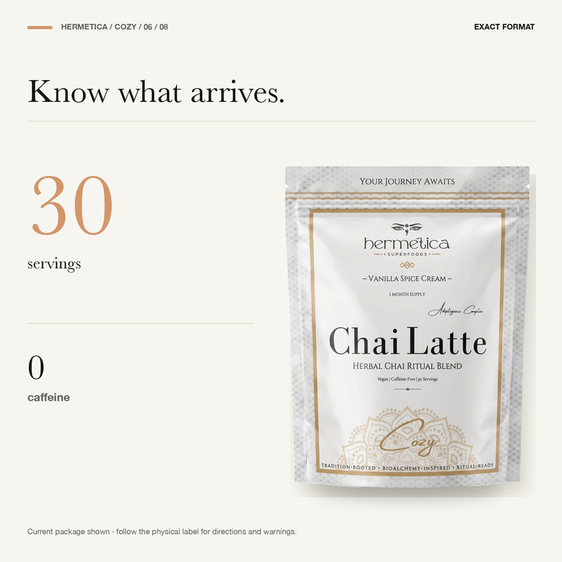Cozy format panel showing the current 30-serving caffeine-free package