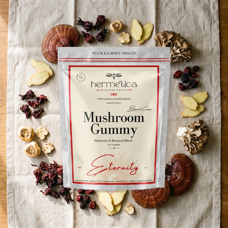 Eternity formula image showing its mushroom and botanical gummy blend