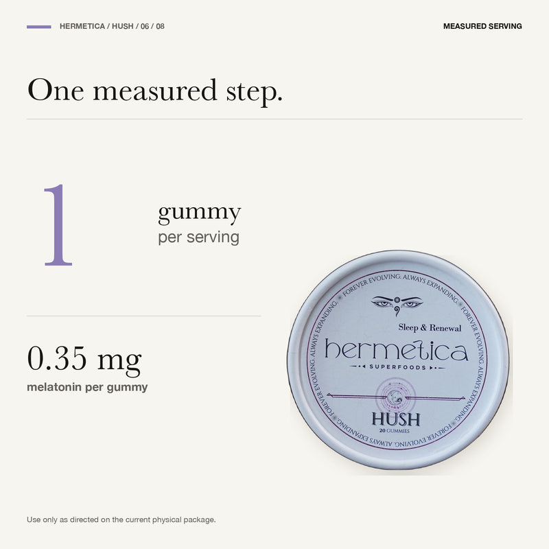 Hush measured serving panel showing one gummy and 0.35 milligrams melatonin