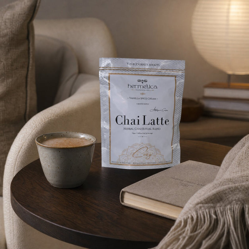 Cozy pouch and chai cup in a quiet reading nook ritual