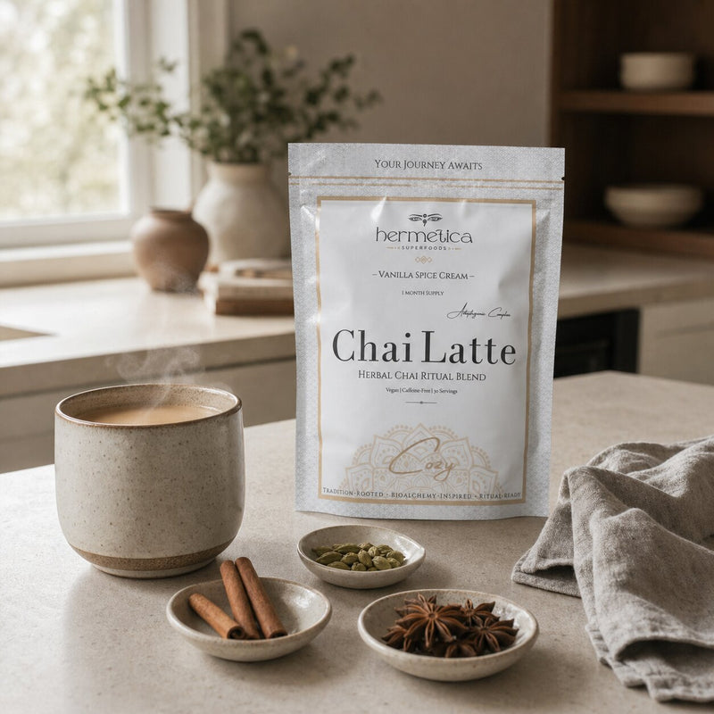 Cozy pouch and chai surrounded by warming spices in a mixable cup ritual