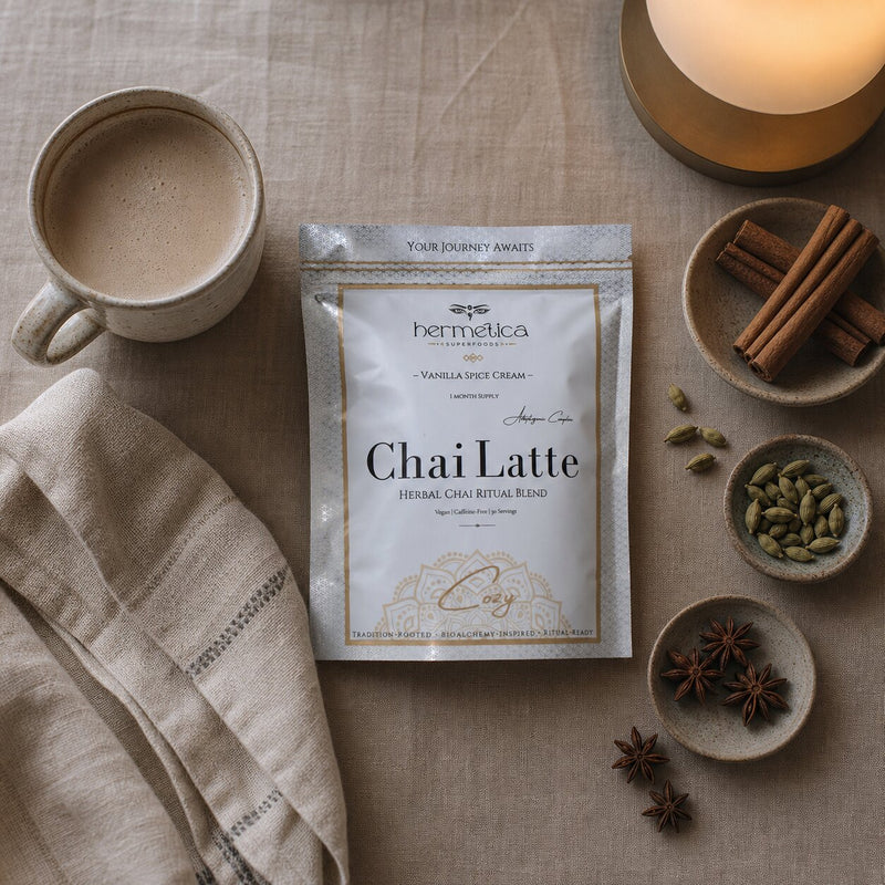 Cozy pouch, cup, and chai spices in a detailed evening flat lay