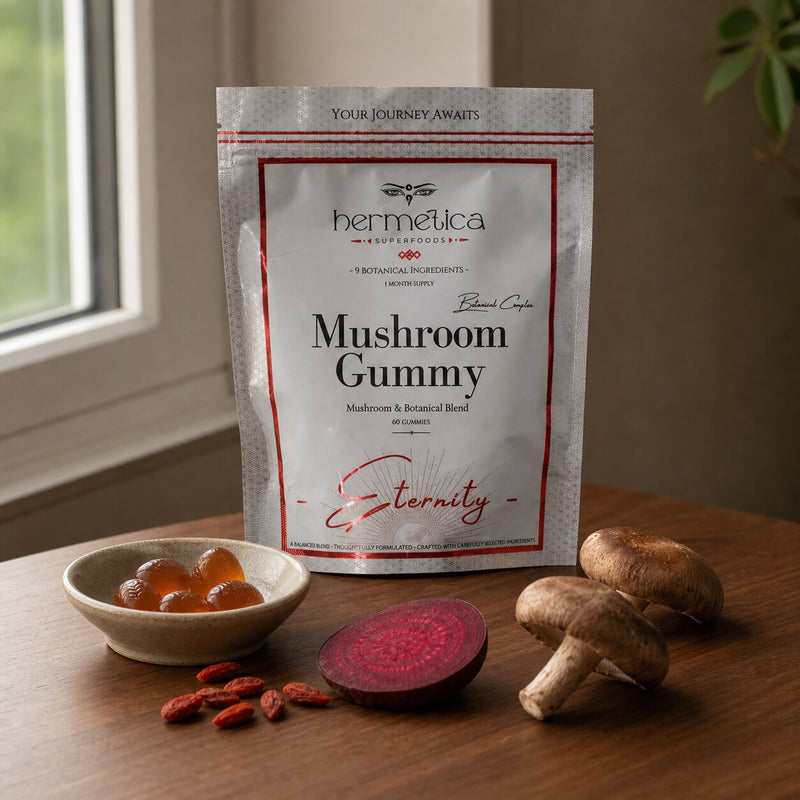 Eternity pouch arranged with culinary mushrooms and botanical ingredients