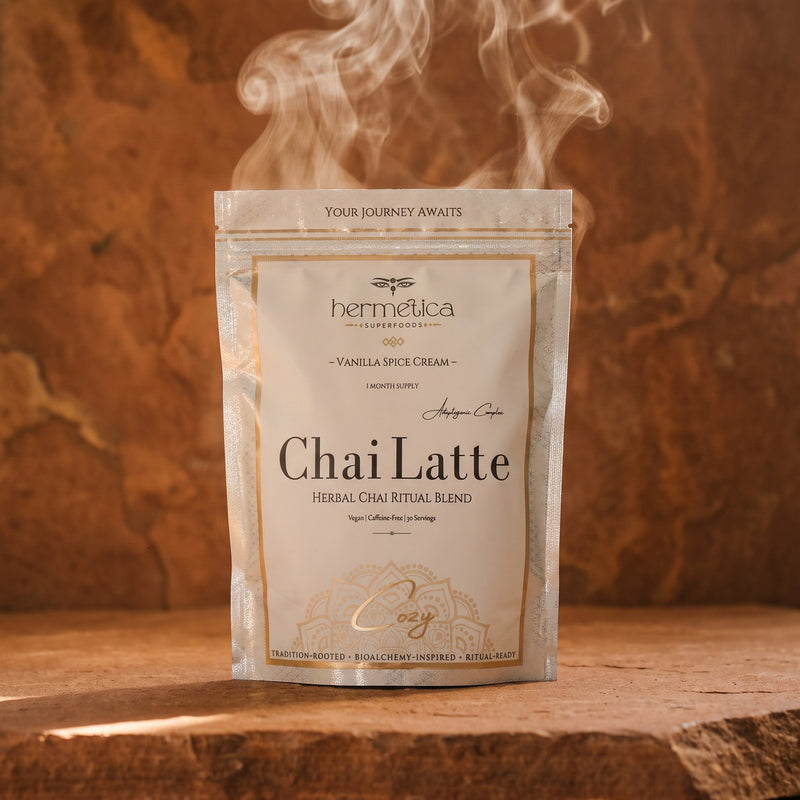 Cozy Adaptogenic Chai pouch on terracotta stone with soft steam rising behind