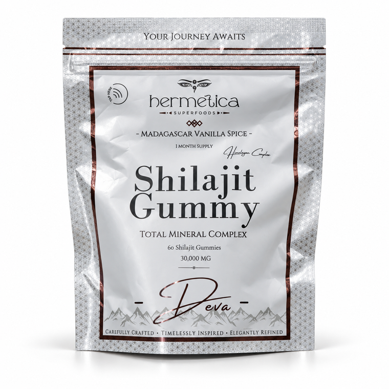 Deva silver shilajit gummy pouch with bronze trim