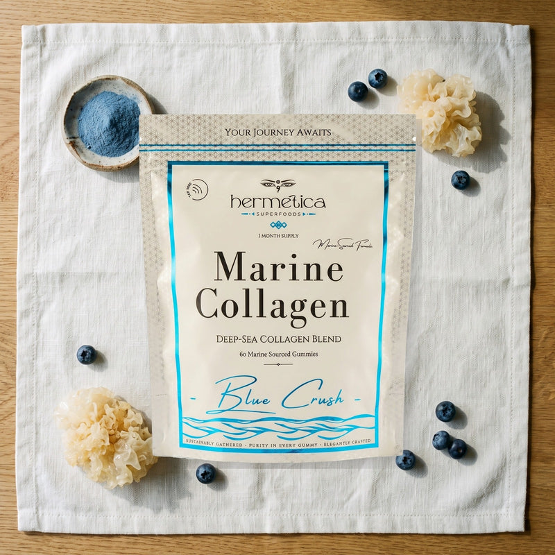 Blue Crush formula flat lay with collagen gummies, blueberries, tremella, and blue spirulina