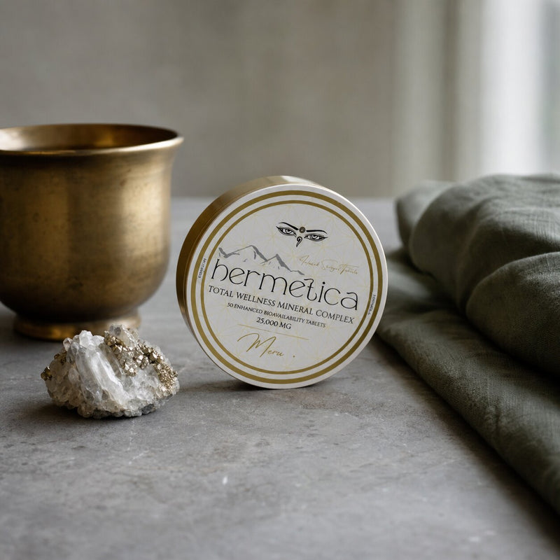 Meru tin and tablets arranged in a brass and mineral daily formula