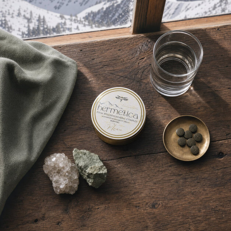 Meru gold tin and tablets in a detailed alpine mineral flat lay