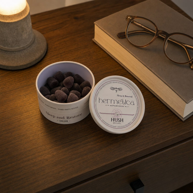Hush Sleep Gummies tin beside the Sleep and Restore sample packet on ivory linen