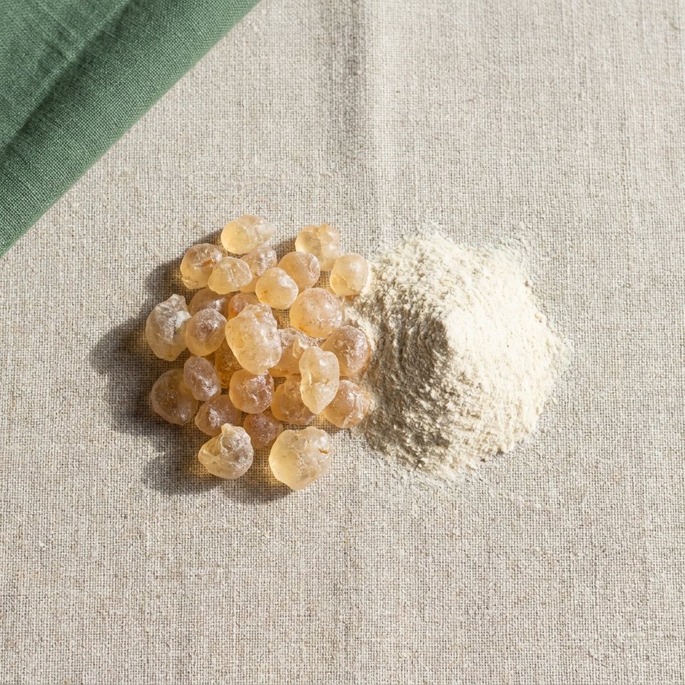Acacia gum pieces and acacia fiber powder