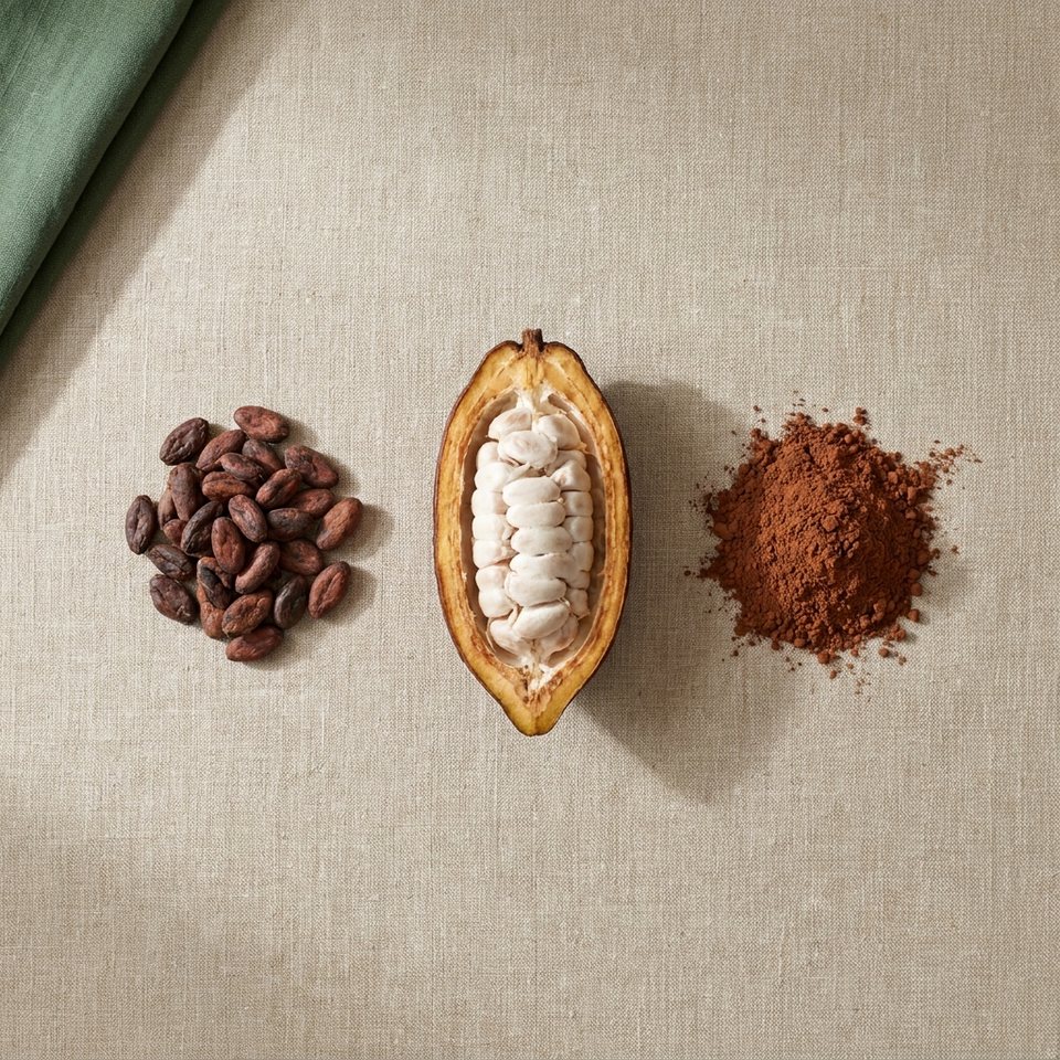 A cacao pod half, cacao beans and cocoa powder