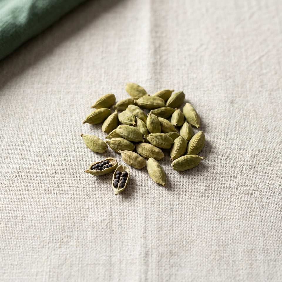 Green cardamom pods, two split open
