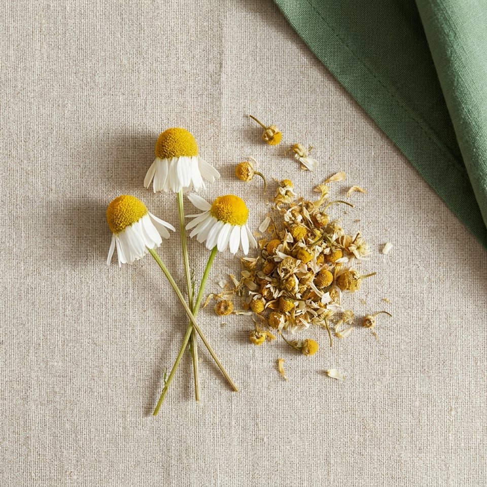 Fresh and dried chamomile flowers