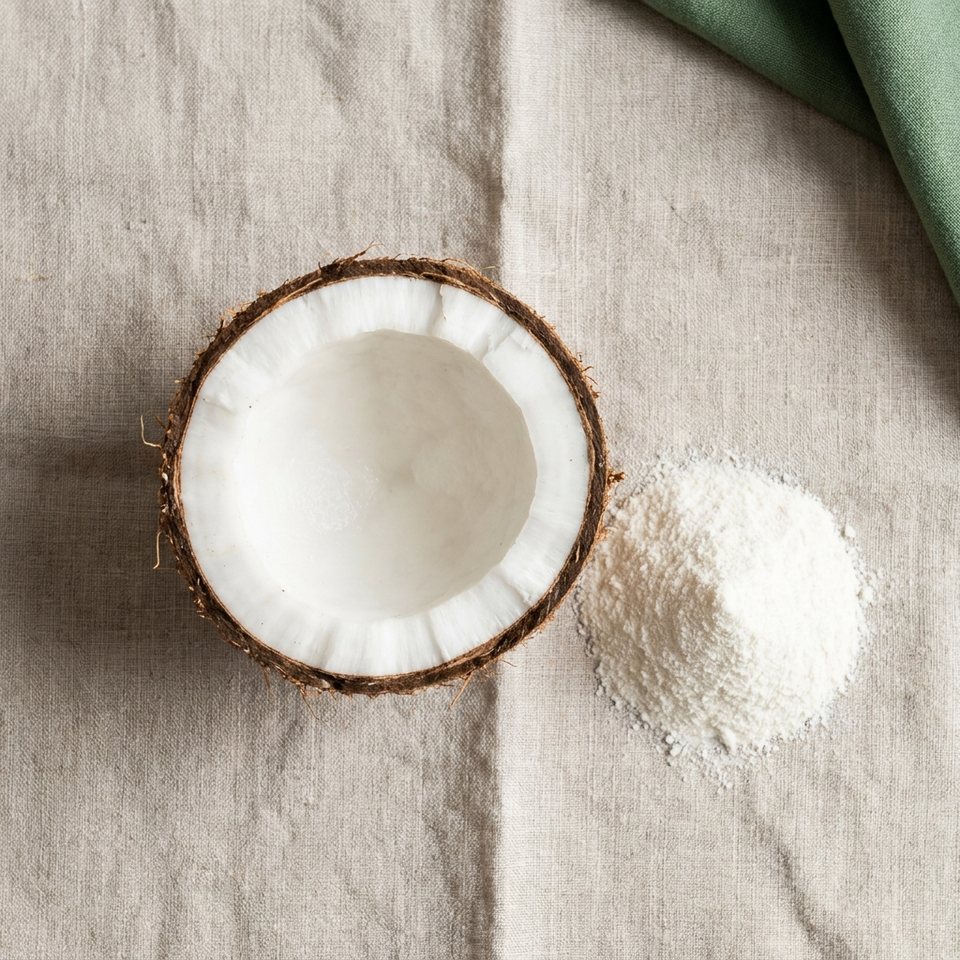 A coconut half and coconut milk powder