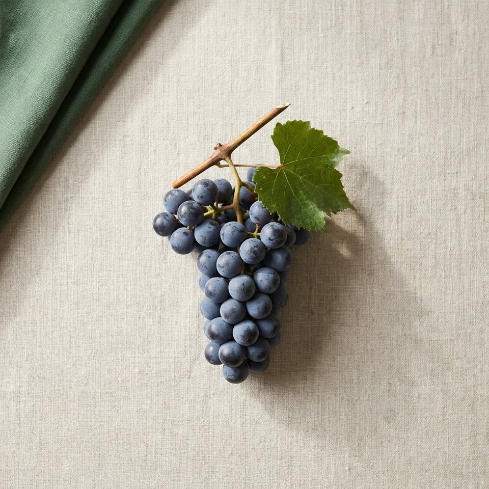 A bunch of Concord grapes with a leaf