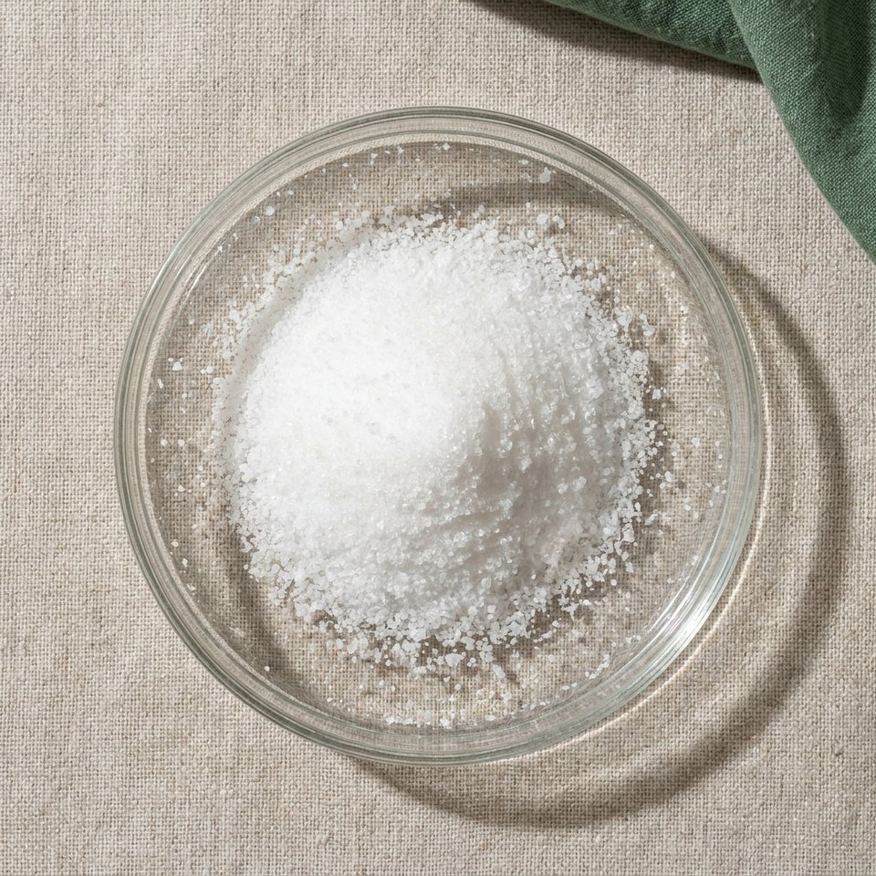 Glycine crystals in a small glass dish