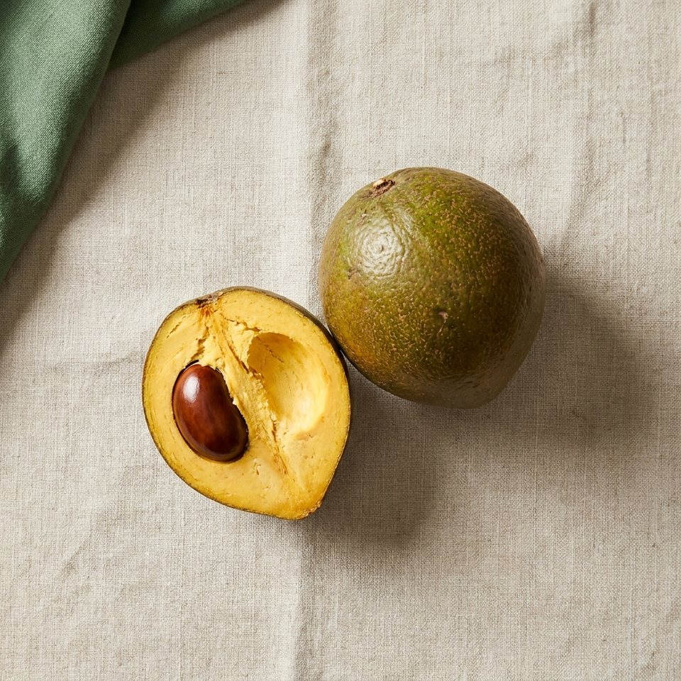 A lucuma fruit and a cut half