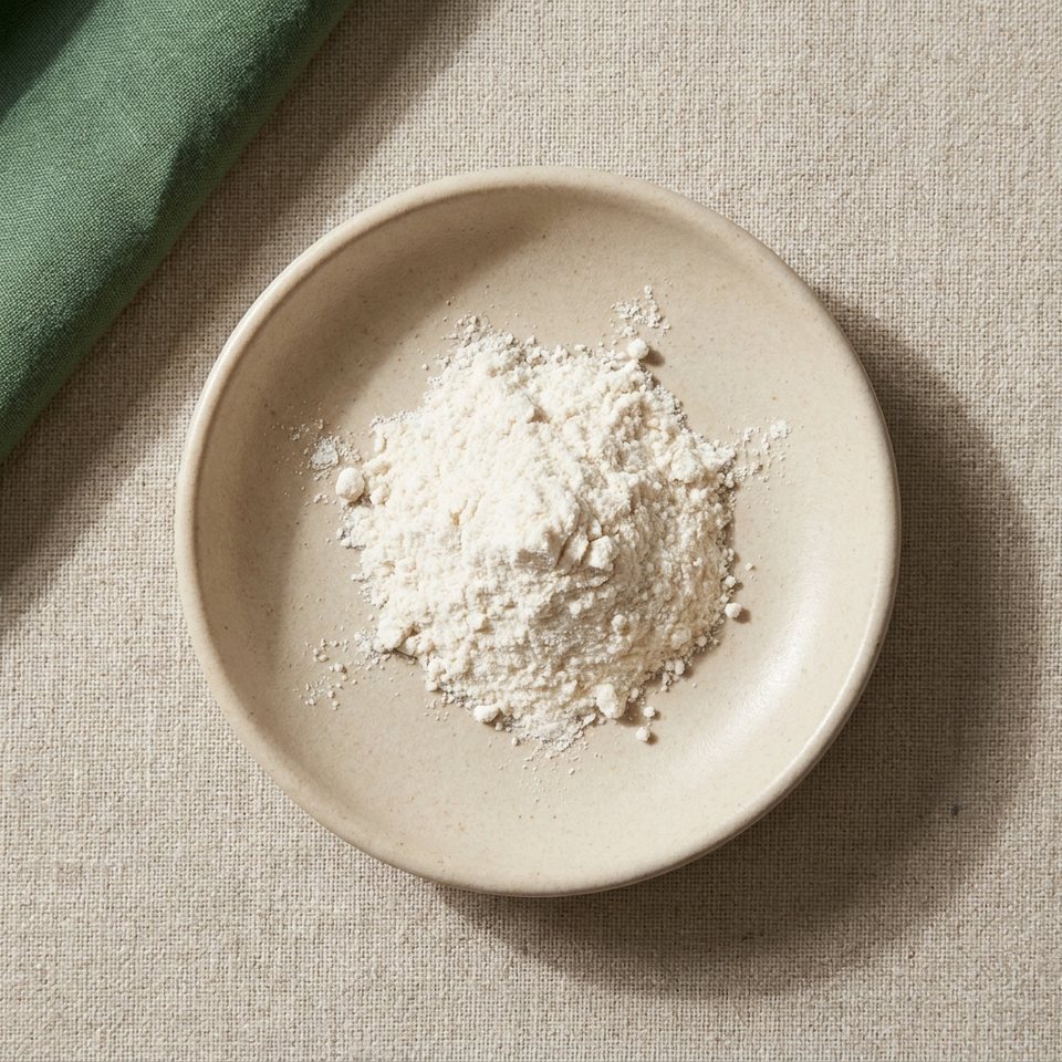 Melatonin as a fine off-white powder in a small ceramic dish