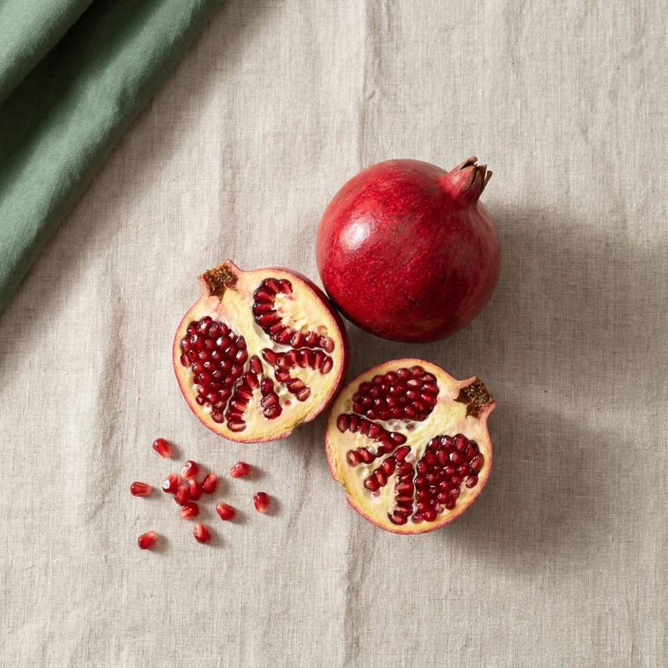 A whole pomegranate and a cut half