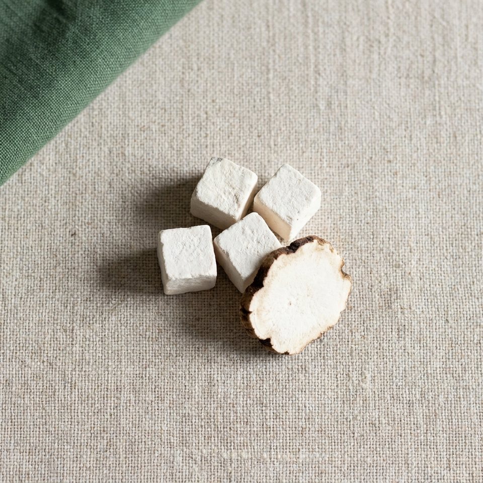 Cubes and a slice of dried poria mushroom