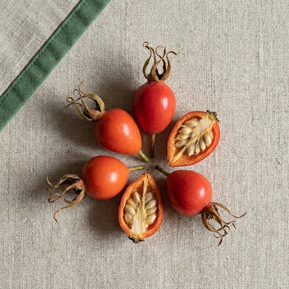 Rosehips, two cut open