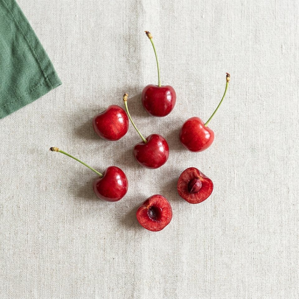 Sour cherries, one halved