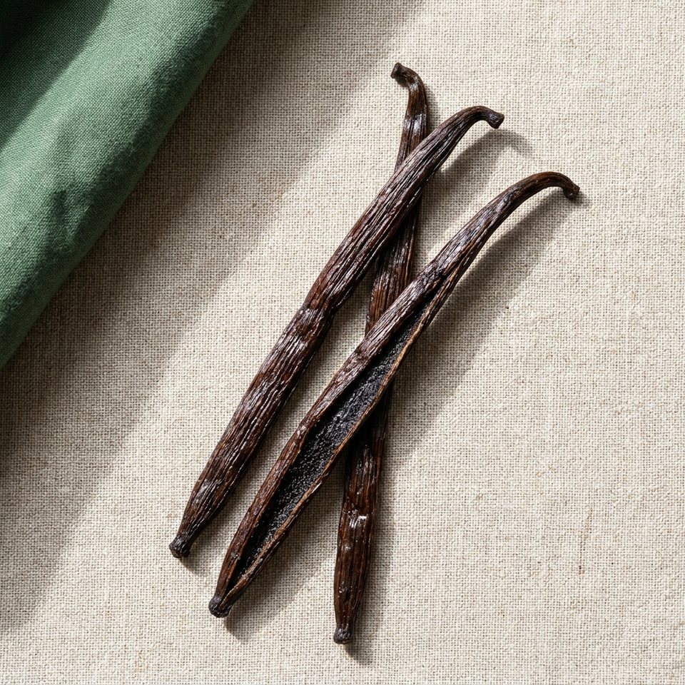 Cured vanilla pods, one split