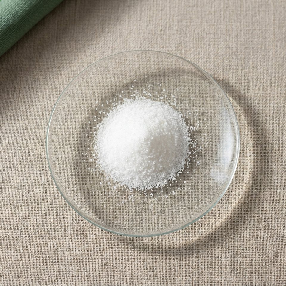 Vitamin C crystals on a glass dish