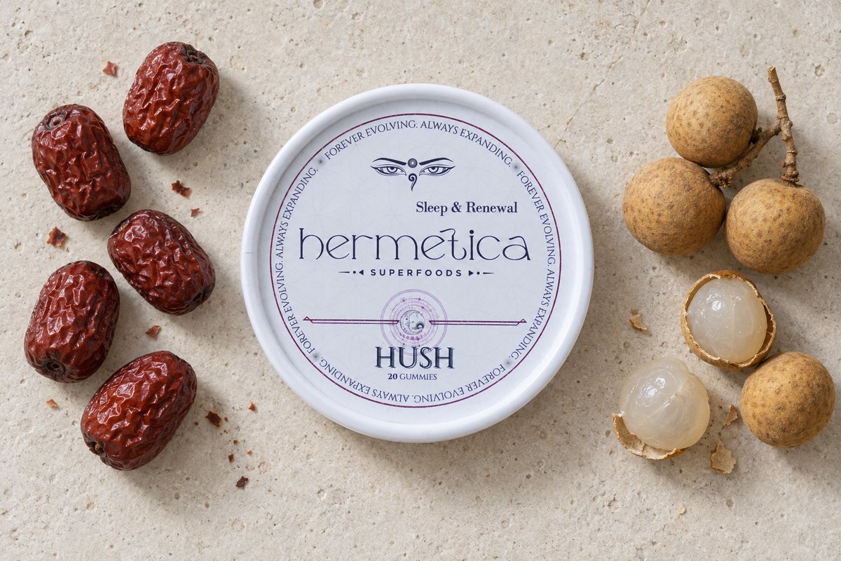 Hush Sleep Gummies tin on a marble surface