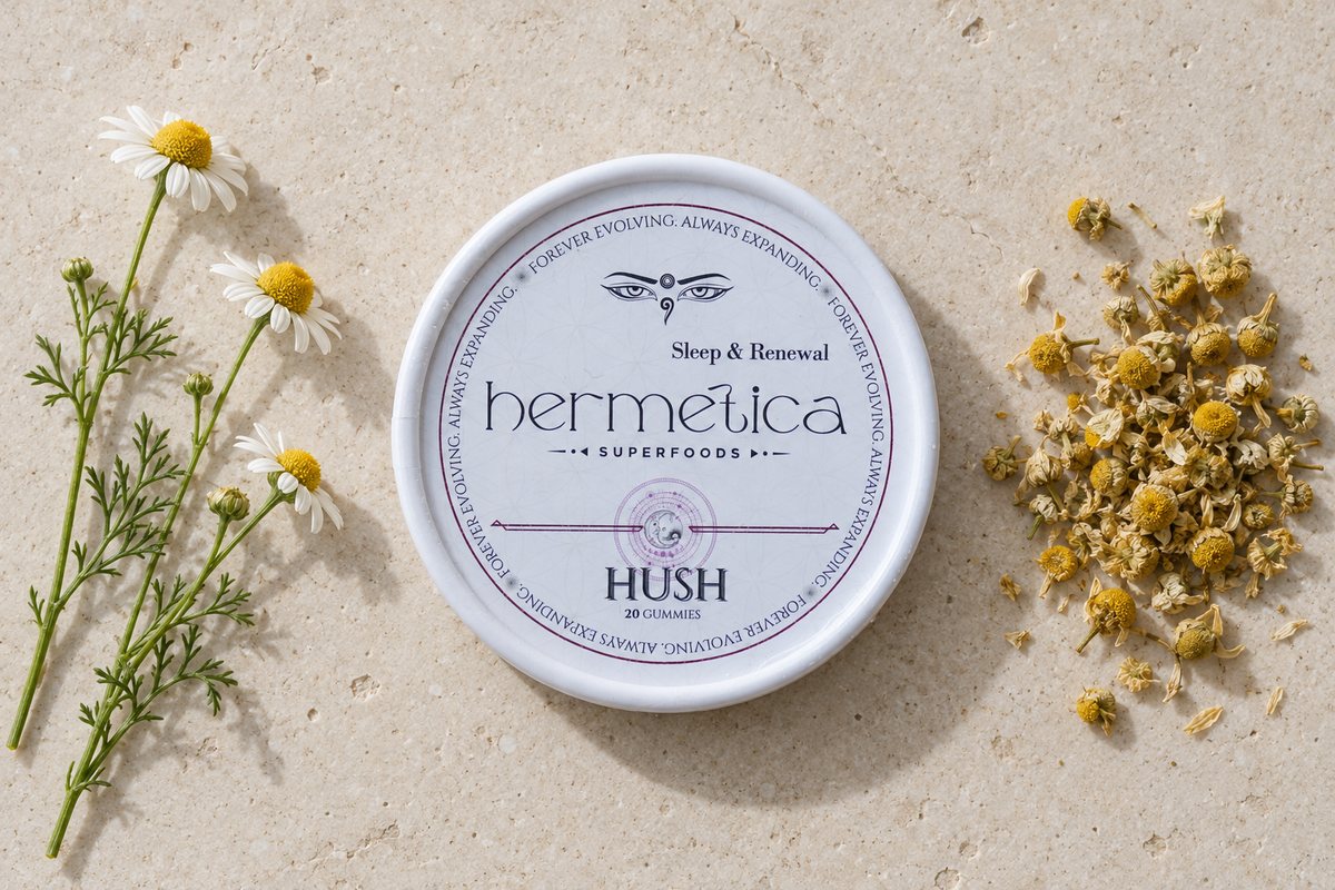 Hush Sleep Gummies tin on a bedside table