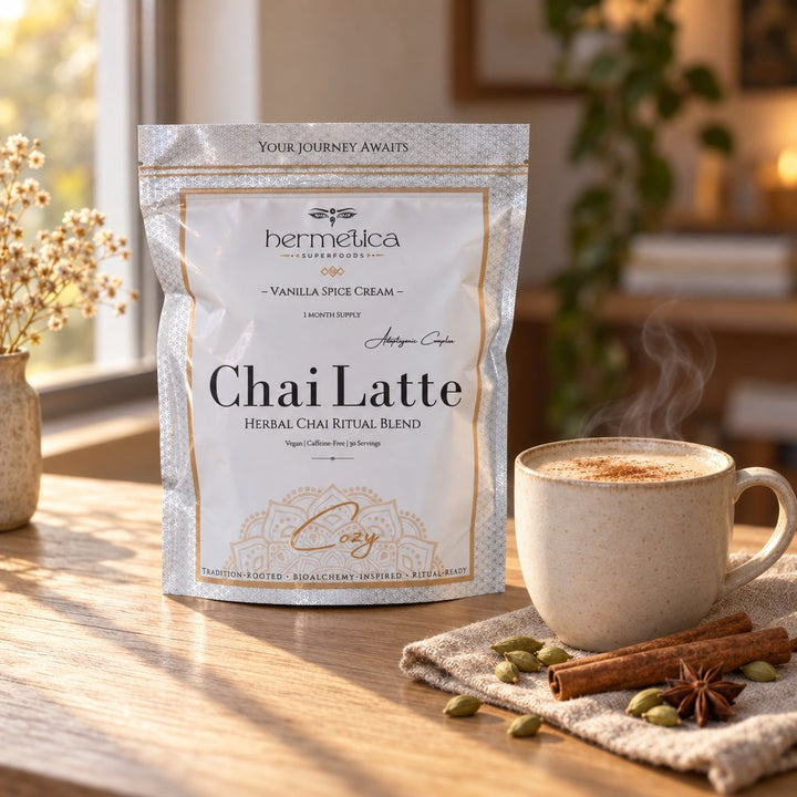 Cozy Adaptogenic Chai pouch on a wooden counter beside a steaming mug of chai