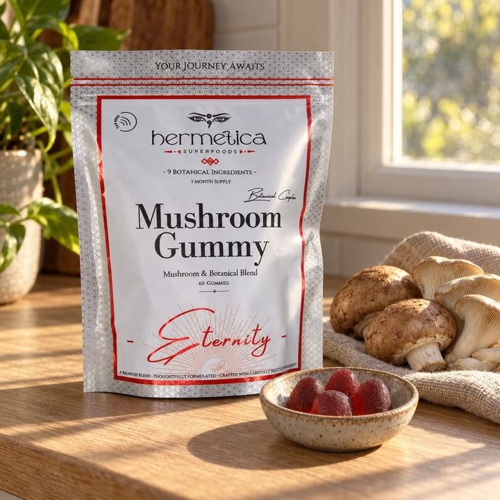 Eternity Mushroom Gummies pouch on a wooden shelf beside dried mushrooms and reishi