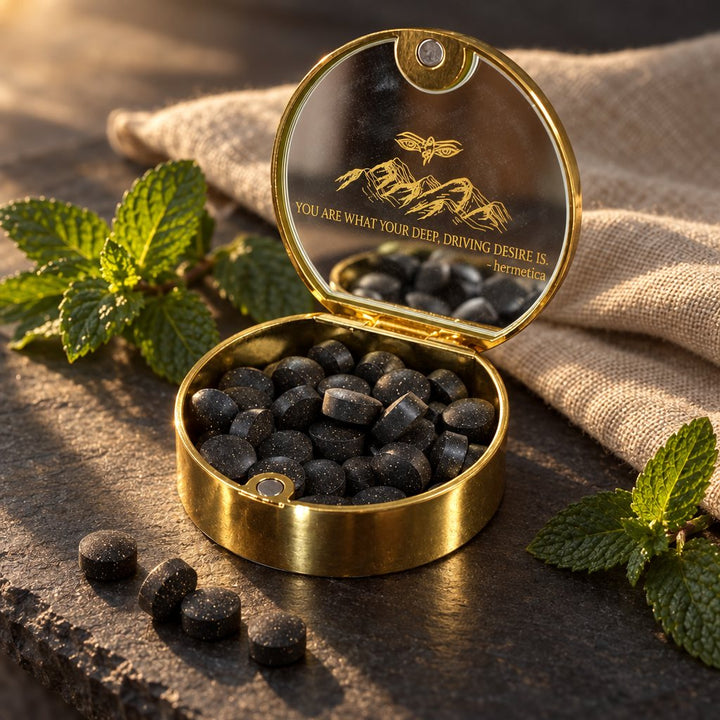 Real Meru gold compact open with black shilajit tablets and its mirrored interior lid