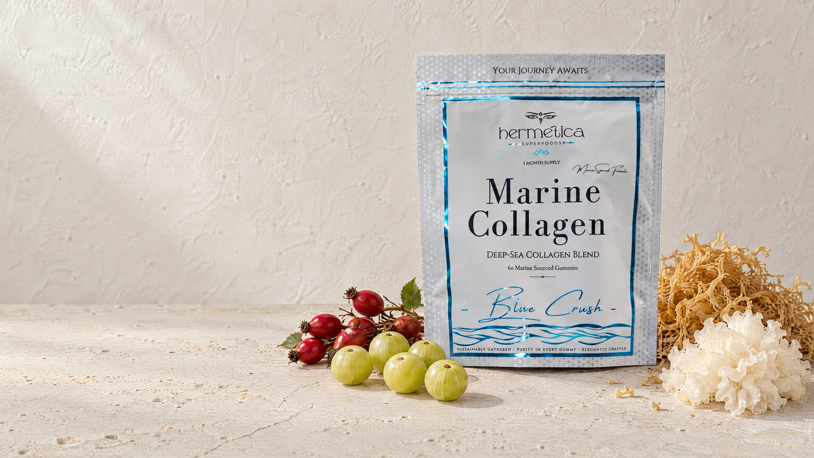 Blue Crush pouch on pale stone with its ingredients