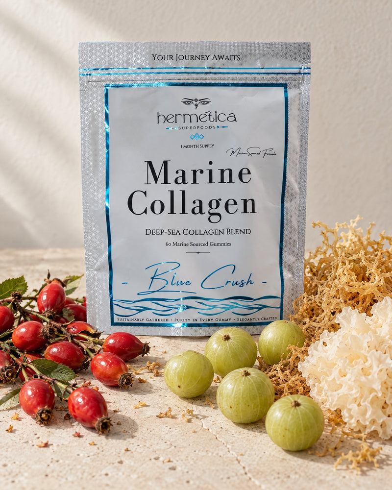Blue Crush pouch with rosehips, amla berries, sea moss and tremella heaped around it