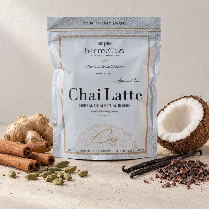 Cozy pouch on pale stone with cinnamon, cardamom, ginger, vanilla, coconut and cacao