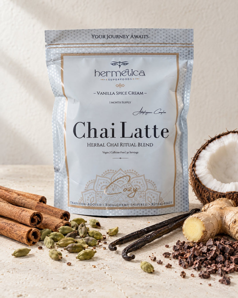 Cozy pouch with cinnamon, cardamom, ginger, vanilla, coconut and cacao heaped around it