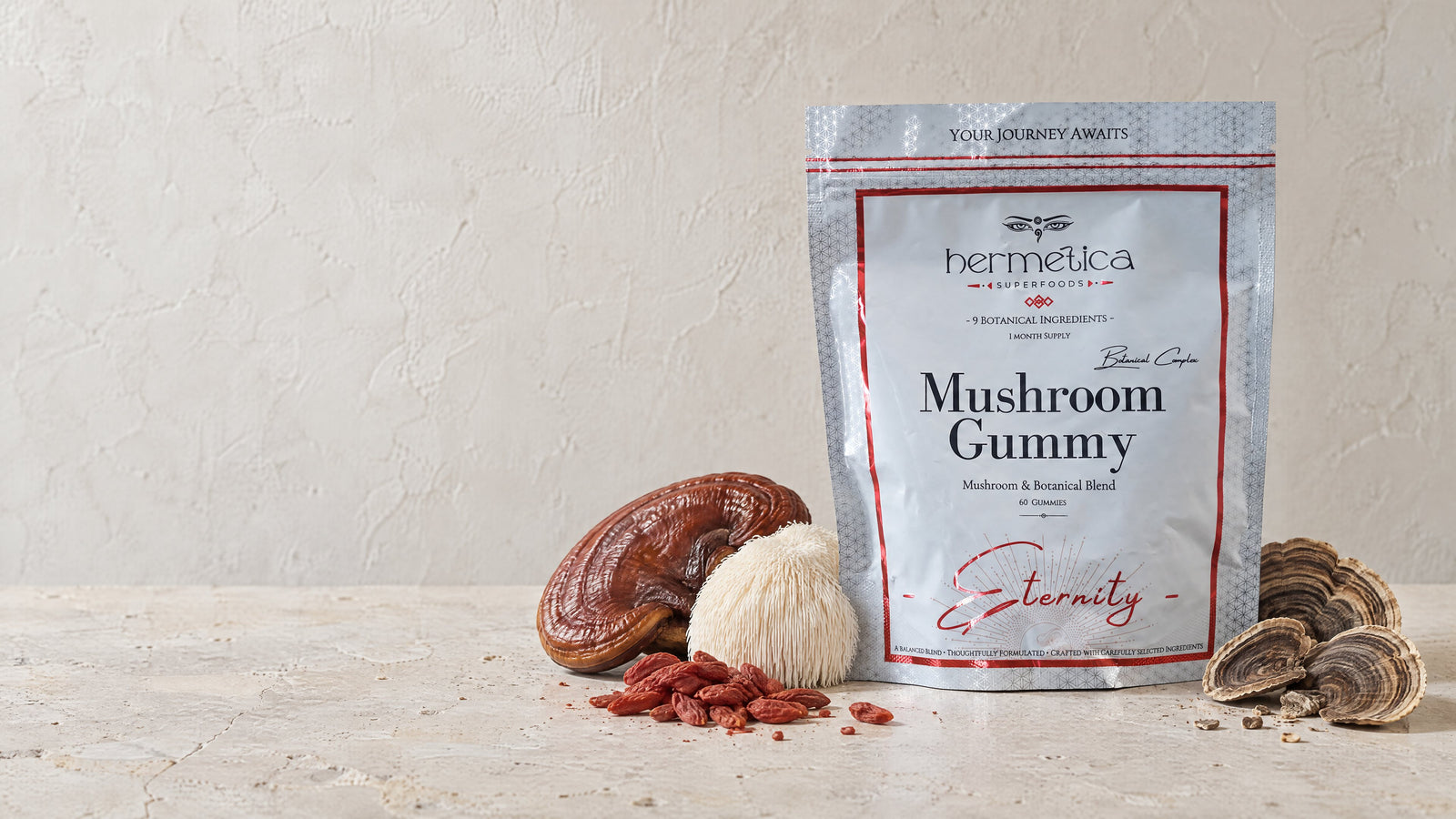 Eternity pouch on pale stone with its ingredients