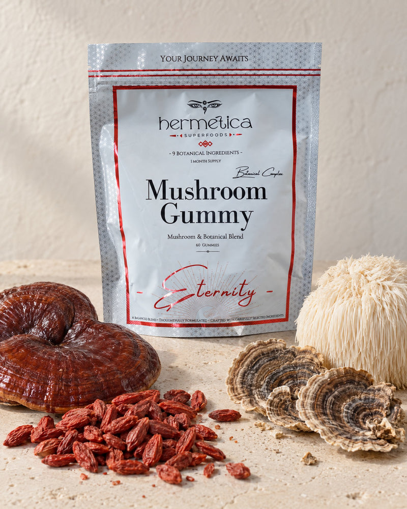 Eternity pouch with reishi, lion's mane, turkey tail and goji berries heaped around it