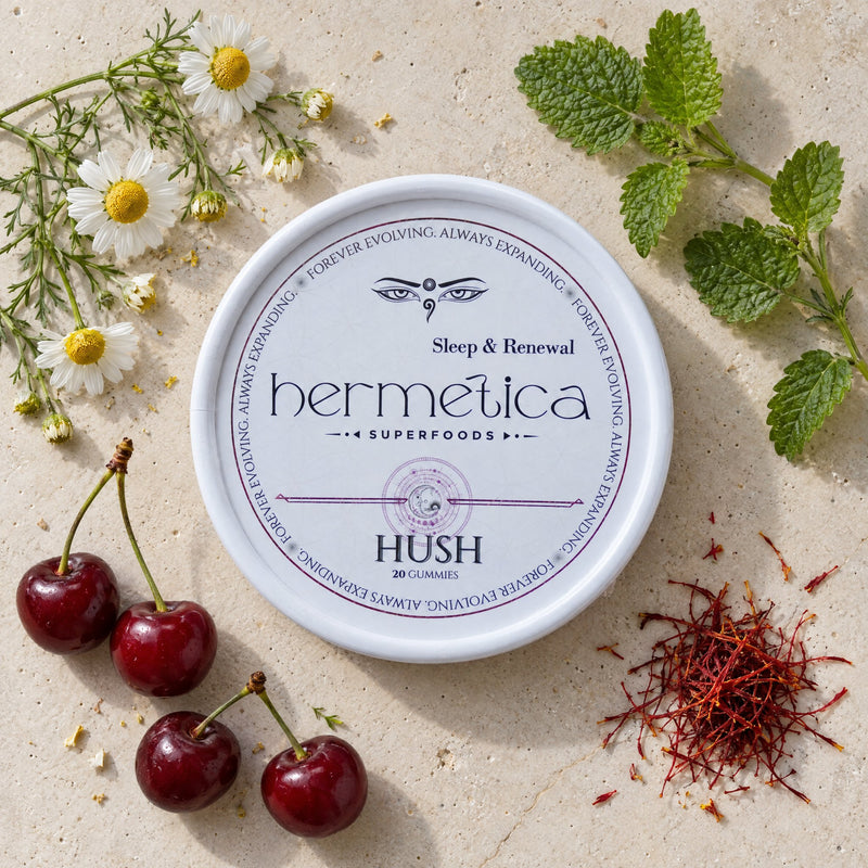 Hush tin seen from above on pale stone with chamomile, lemon balm, sour cherries and saffron