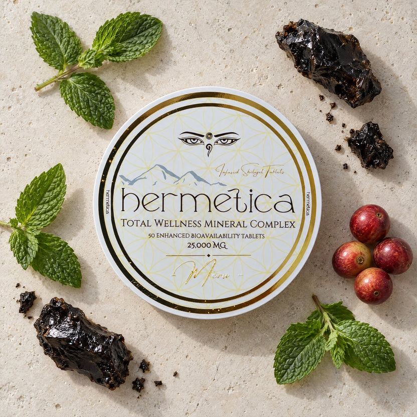 Meru tin seen from above on pale stone with shilajit resin, peppermint and camu camu berries