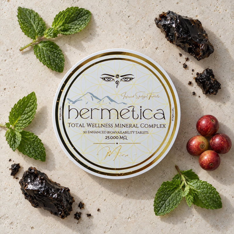 Meru tin seen from above on pale stone with shilajit resin, peppermint and camu camu berries