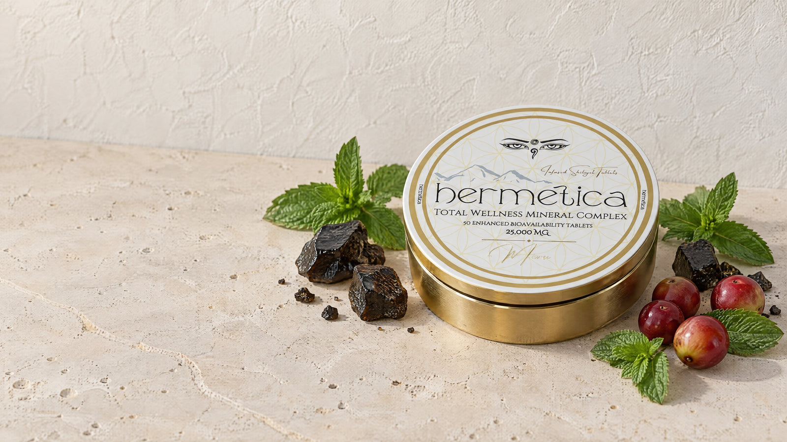 Meru tin on pale stone with its ingredients