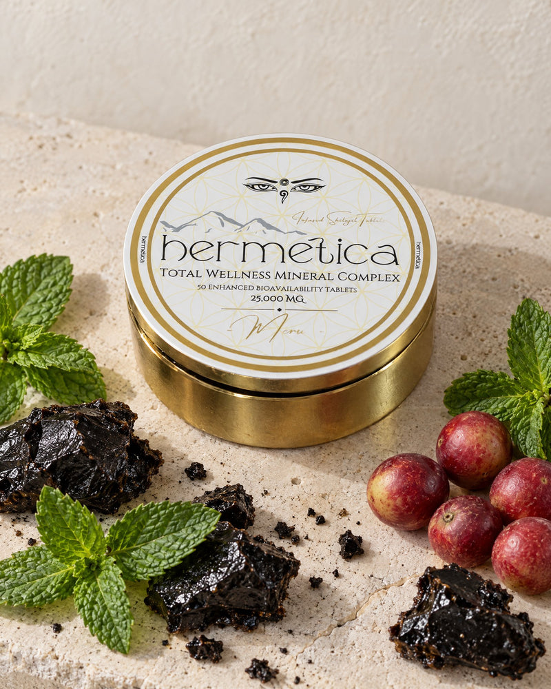 Meru tin with shilajit resin, peppermint and camu camu berries heaped around it