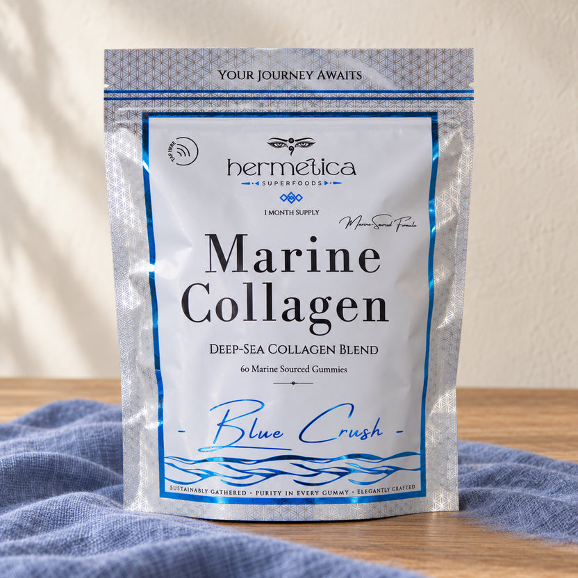 Blue Crush packaging on linen in natural light