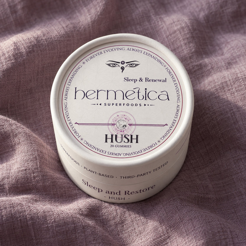 Hush packaging on linen in natural light